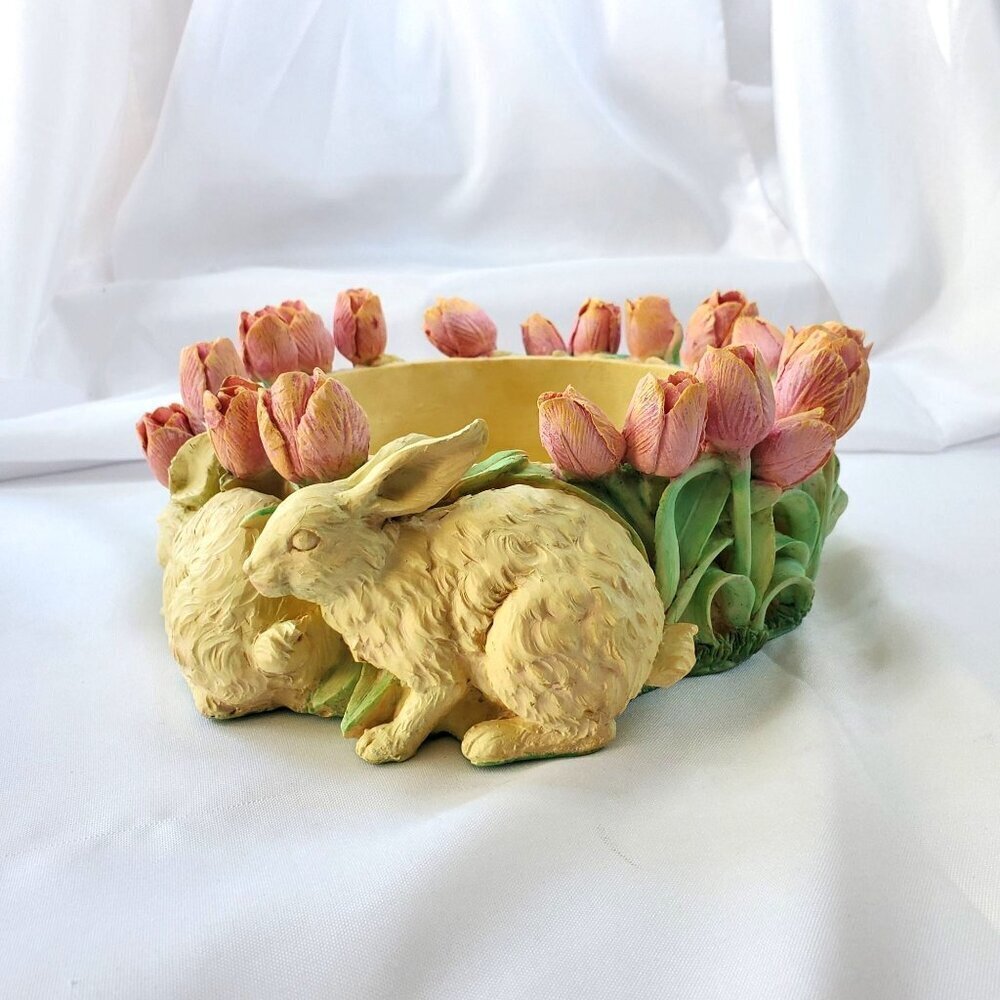 VTG Decorative Easter Rabbit & Tulip Design Bowl Spring Time Planter Candy Dish - Picture 8 of 16